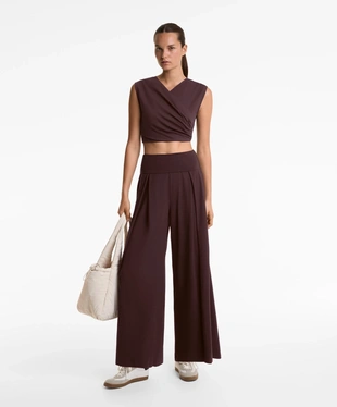 COTTON BLEND STRAIGHT-LEG TROUSERS WITH FOLDOVER WAIST- Заказать в России