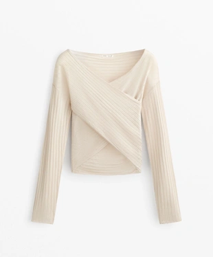 FINE-KNIT SEMI-SHEER RIB CROSSOVER JUMPER- Заказать в России