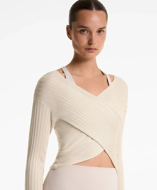 FINE-KNIT SEMI-SHEER RIB CROSSOVER JUMPER- Заказать в России