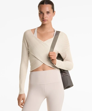 FINE-KNIT SEMI-SHEER RIB CROSSOVER JUMPER- Заказать в России