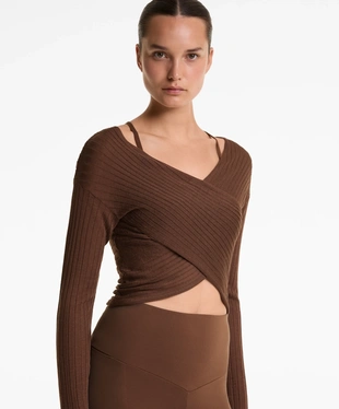 FINE-KNIT SEMI-SHEER RIB CROSSOVER JUMPER- Заказать в России