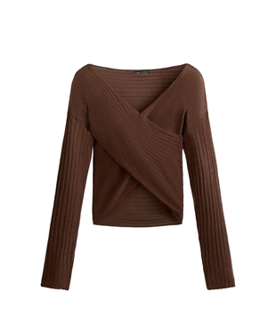 FINE-KNIT SEMI-SHEER RIB CROSSOVER JUMPER- Заказать в России