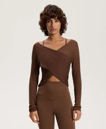 SEMI-SHEER FINE KNIT RIB CROSSOVER JUMPER- Заказать в России