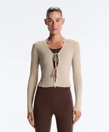 Вязаный кардиган в рубчик с завязками спереди- Заказать в России