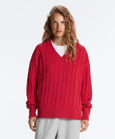 Свитер с V-образным вырезом и узором «косы» из 100% хлопка- Заказать в России