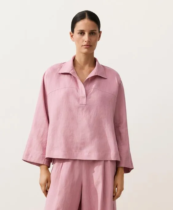 Рубашка-поло оверсайз с длинными рукавами из 100%-го льна- Заказать в России