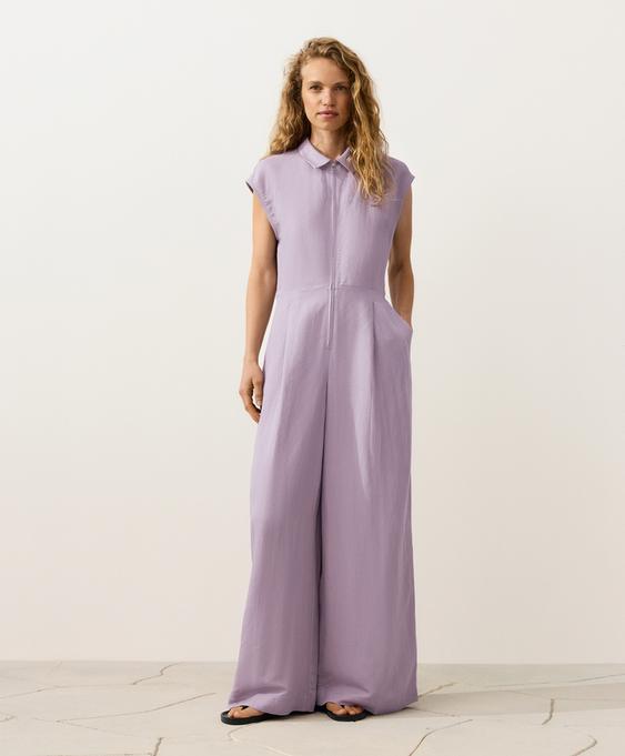 Длинный комбинезон с отложным воротником из ткани с хлопком- Заказать в России