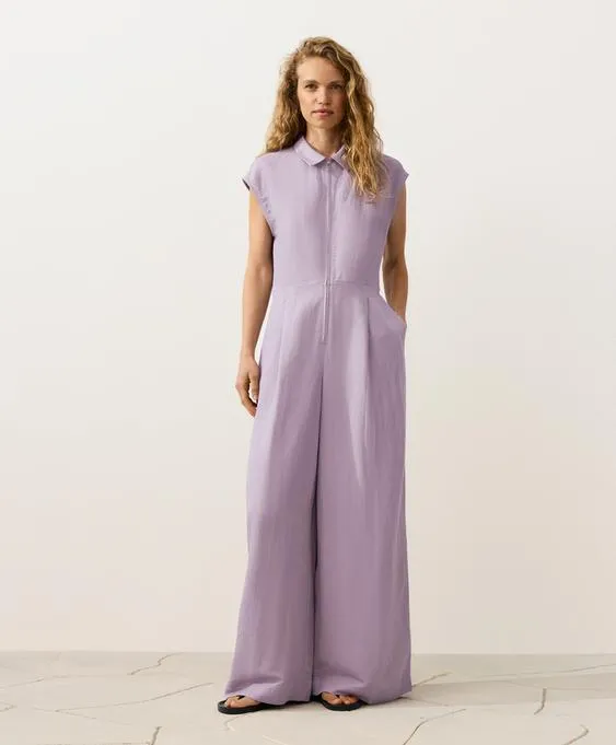 Длинный комбинезон с отложным воротником из ткани с хлопком- Заказать в России