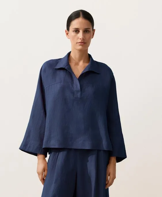 Рубашка-поло оверсайз с длинными рукавами из 100%-го льна- Заказать в России