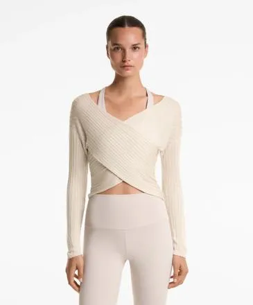 FINE-KNIT SEMI-SHEER RIB CROSSOVER JUMPER