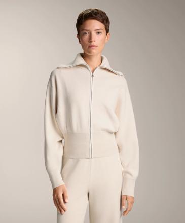 HIGH COLLAR KNIT JACKET WITH CONTRAST PIPING