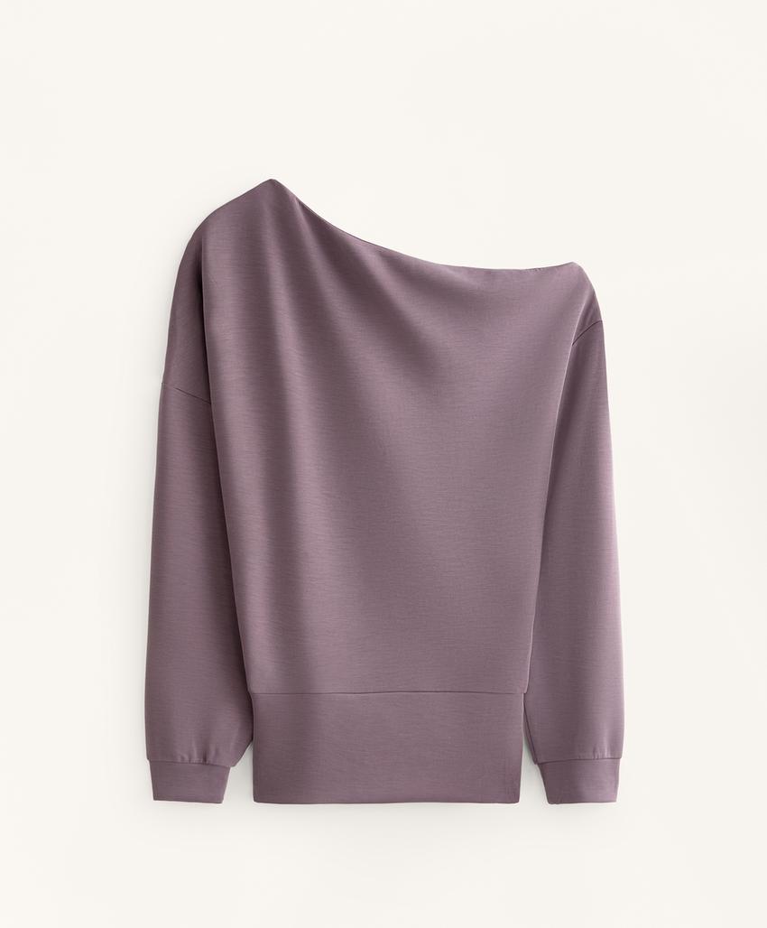 Asymmetric neck sweatshirt with adjustable waist and soft-touch modal