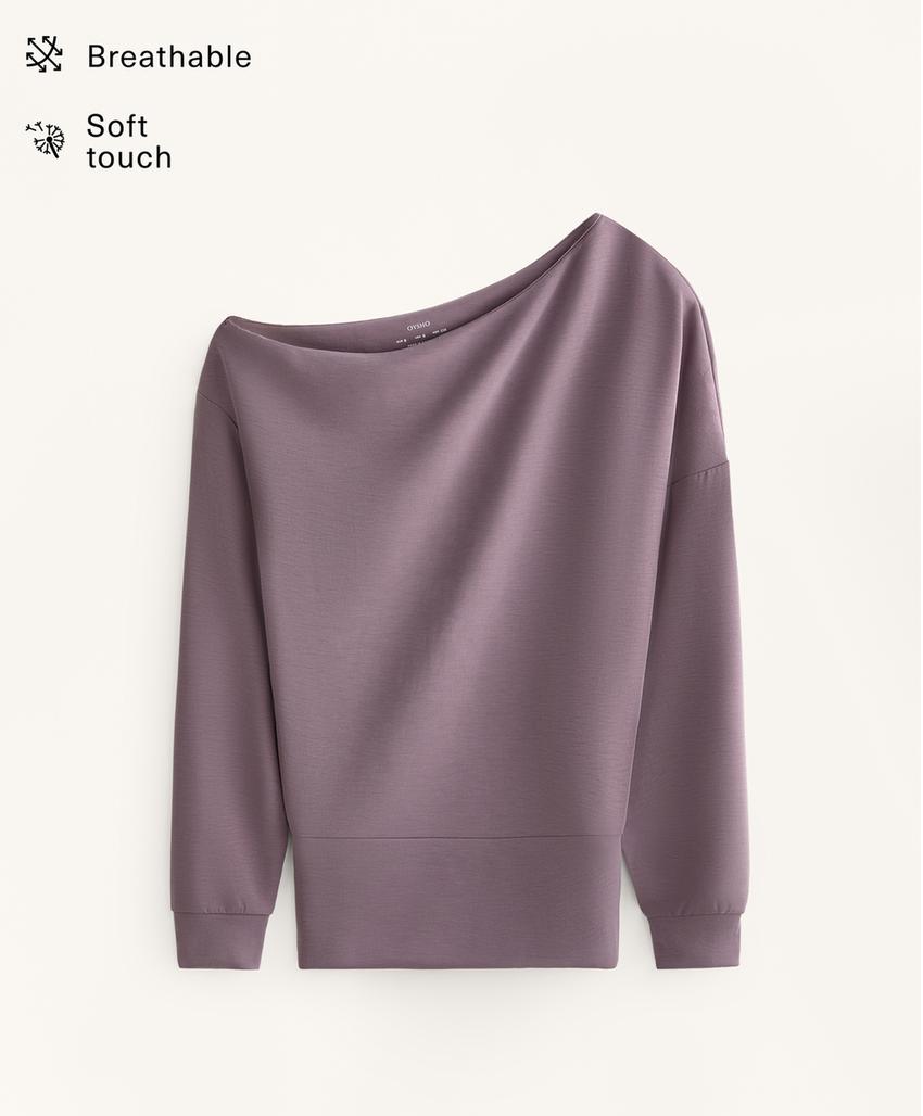Asymmetric neck sweatshirt with adjustable waist and soft-touch modal