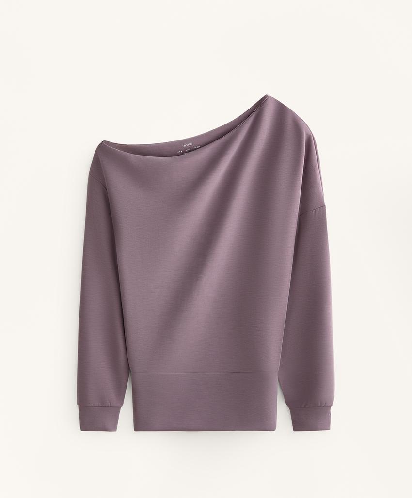 Asymmetric neck sweatshirt with adjustable waist and soft-touch modal