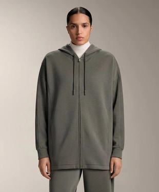 Длинная куртка с капюшоном, детали в рубчик, из модала с начесом- Заказать в России