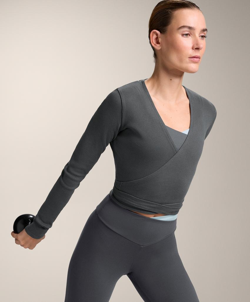 Лонгслив на запах из смесового хлопка в рубчик