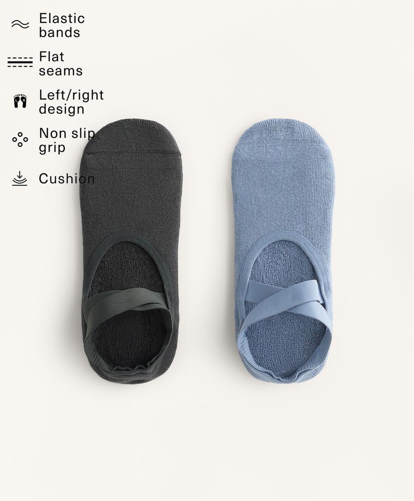 2 pairs of padded cotton blend yoga and Pilates socks with crossover straps