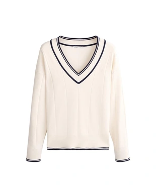 Вязаный свитер с V-образным вырезом и контрастом- Заказать в России