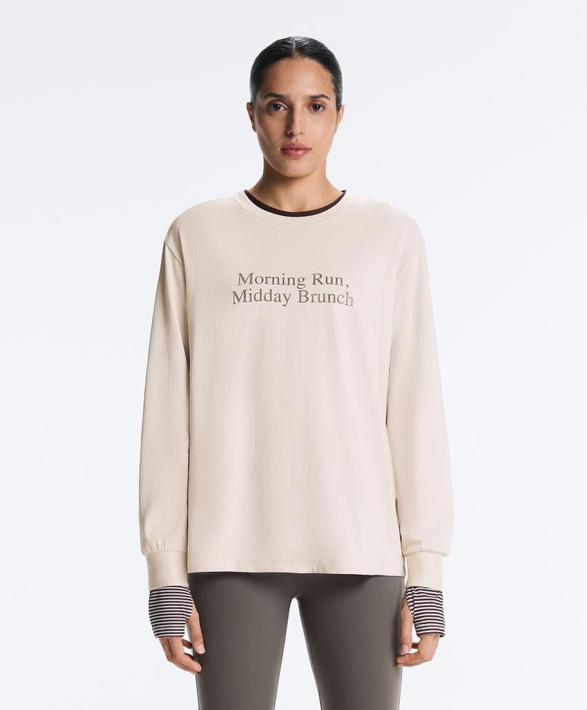 T-shirt de manga comprida com texto em mistura de algodão