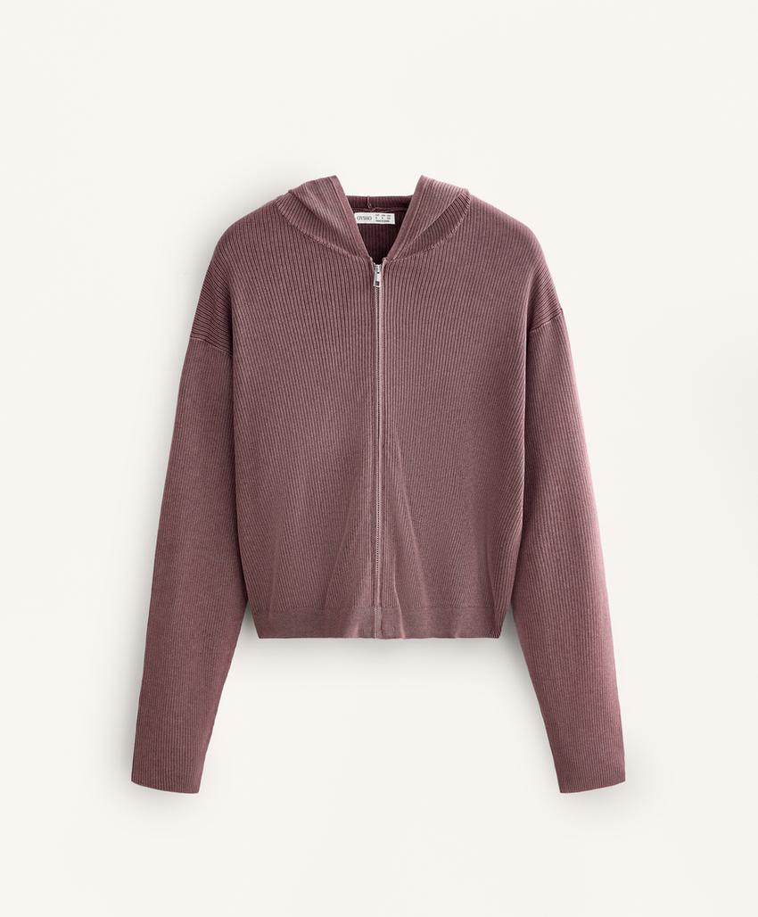 Куртка из вязаного трикотажа в рубчик с капюшоном