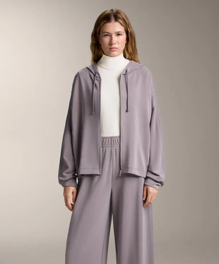 Удлиненная куртка с капюшоном и деталью в рубчик из мягкого модала- Заказать в России