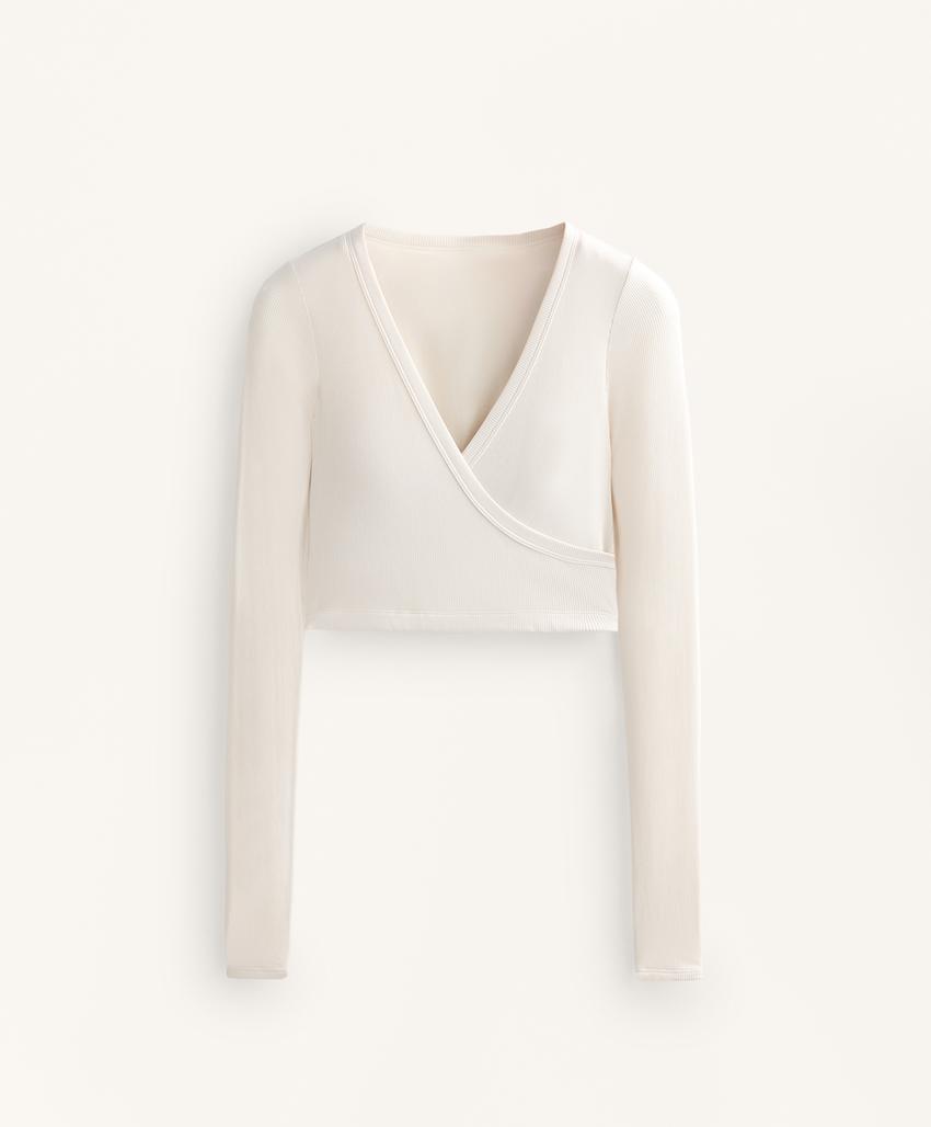 Топ с длинным рукавом и перекрестным лифом из рибованного модального микса