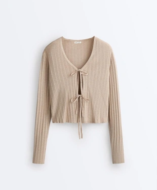 Вязаный кардиган в рубчик с завязками спереди- Заказать в России