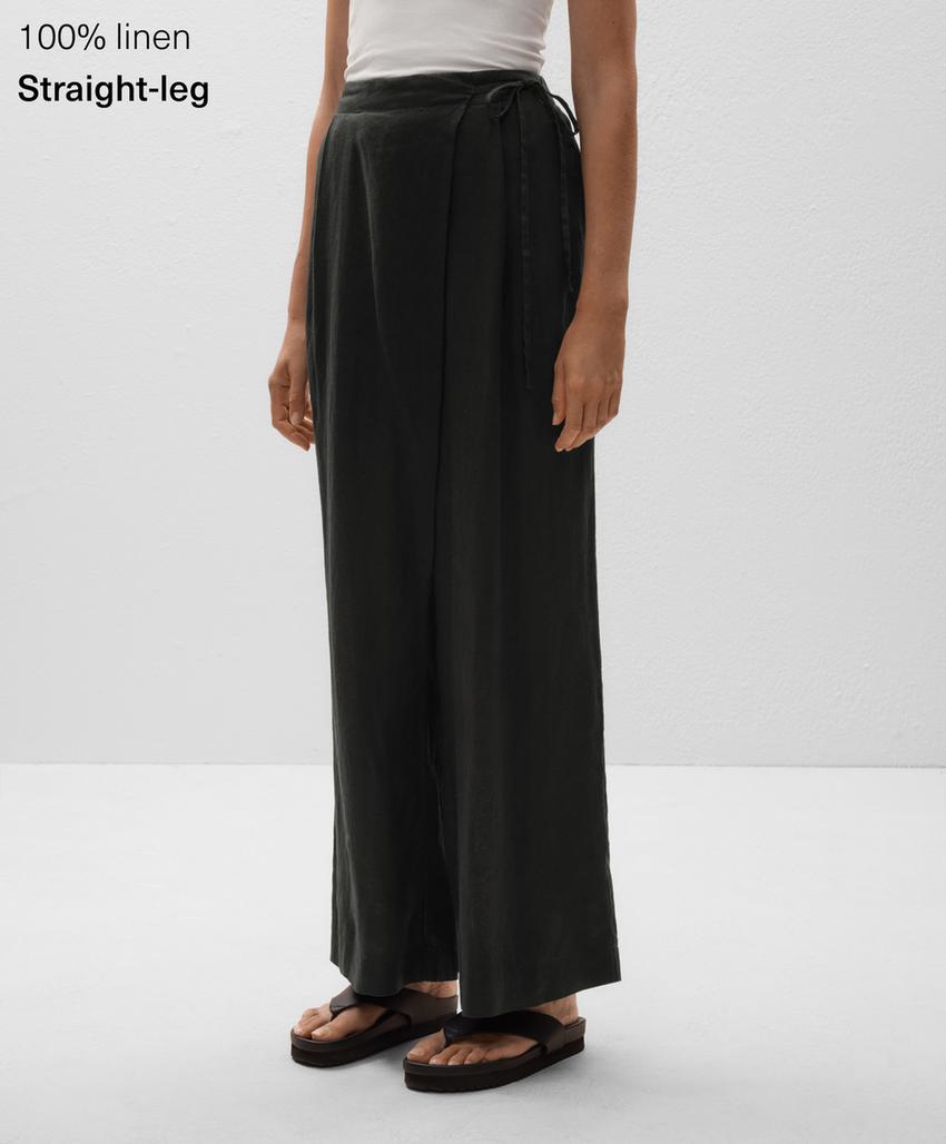 Широкие штаны прямого кроя из 100% льна с перекрестным завязыванием в стиле саронг