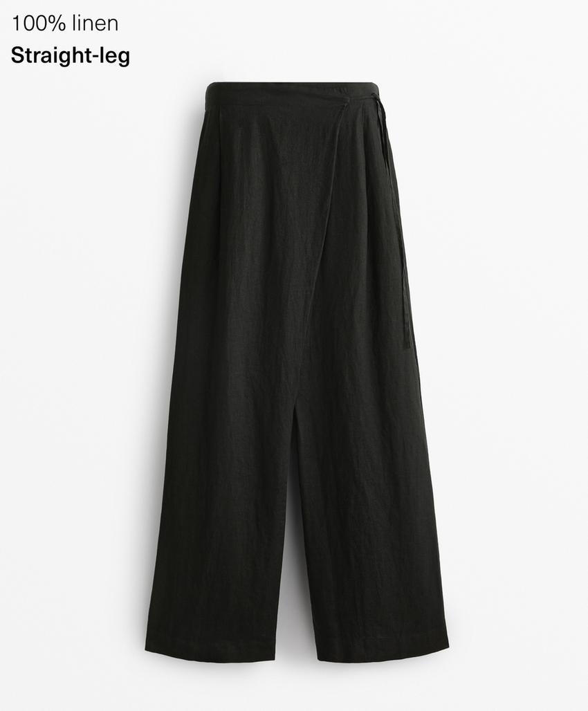 Широкие штаны прямого кроя из 100% льна с перекрестным завязыванием в стиле саронг