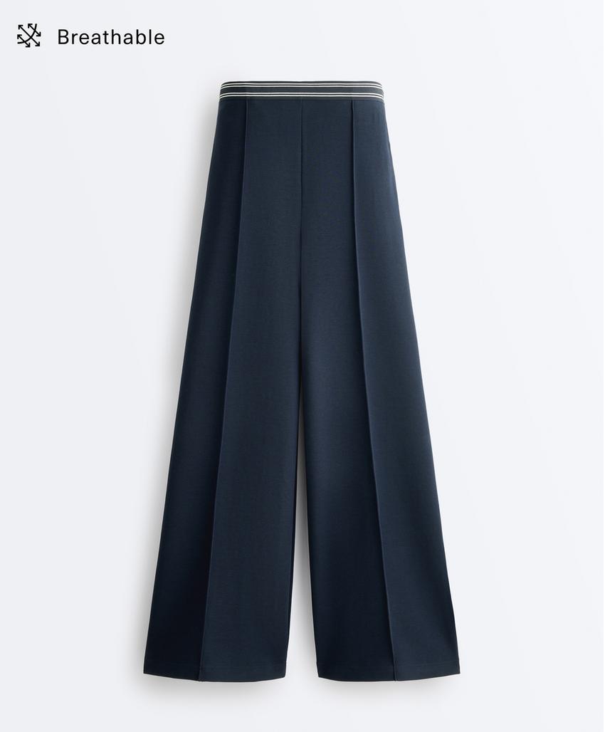 Прямые брюки из пике с хлопком и контрастной отделкой