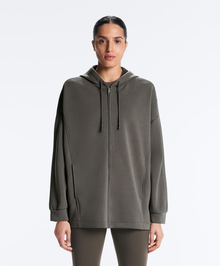 Длинная куртка с капюшоном и деталями из ребристого материала и футера