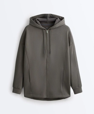 Длинная куртка с капюшоном и деталями из ребристого материала и футера- Заказать в России