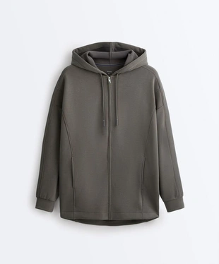 Длинная куртка с капюшоном и деталями из ребристого материала и футера- Заказать в России