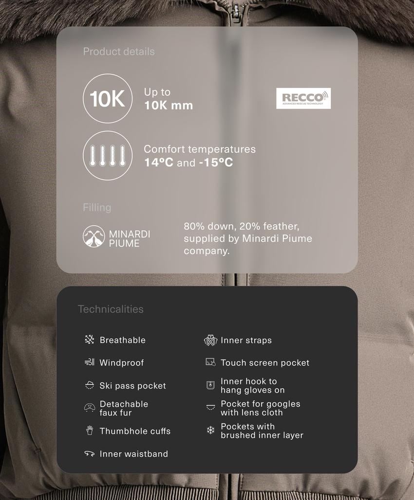 Пуховик minardi piume ski водоотталкивающий с наполнителем из 80% пуха и 20% перьев