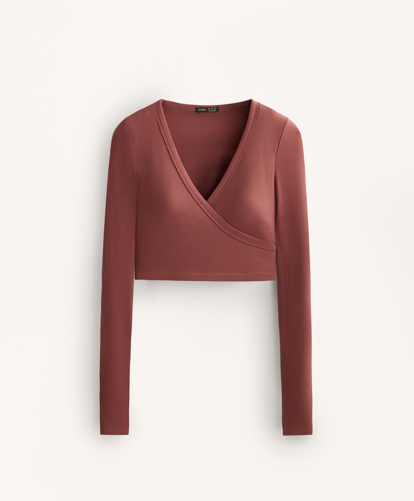 Топ с длинными рукавами и перекрестным воротником из модального риба