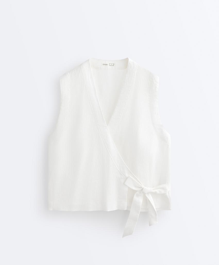 Топ из 100% льна с перекрестным дизайном и завязкой