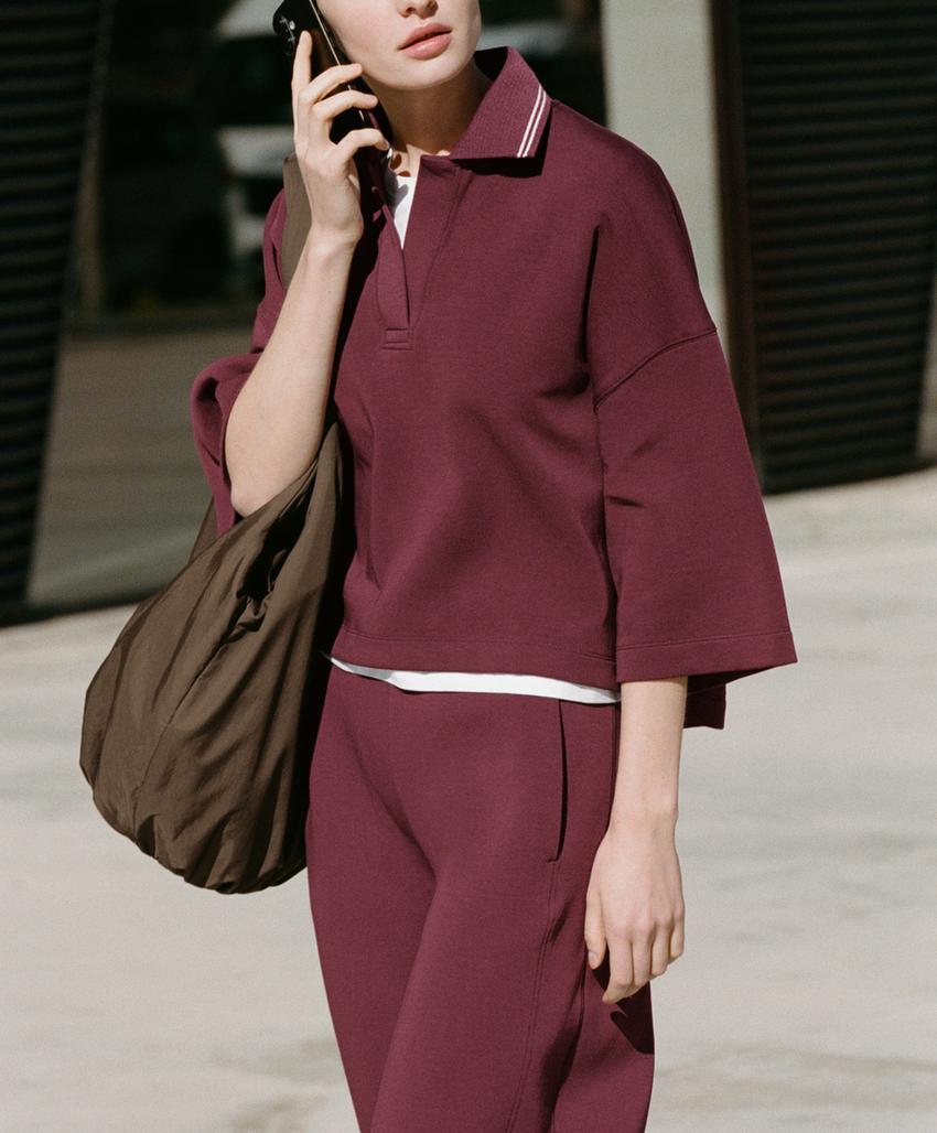 Поло свитшот с широкими рукавами из пике-хлопка