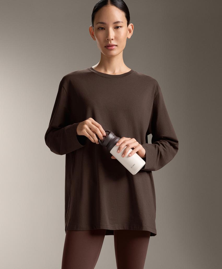 Продольная футболка из хлопкового микса с длинным рукавом, свободного кроя