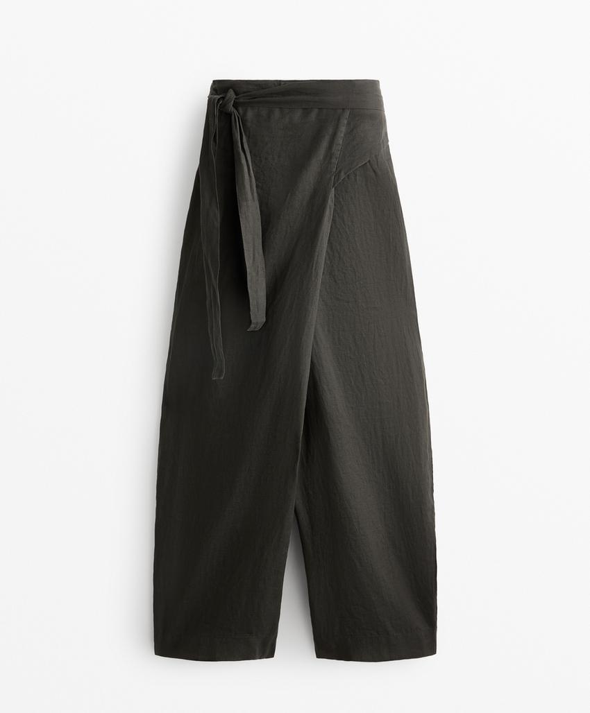 Штаны из 100% льна с перекрестным покроем и объемными брюками