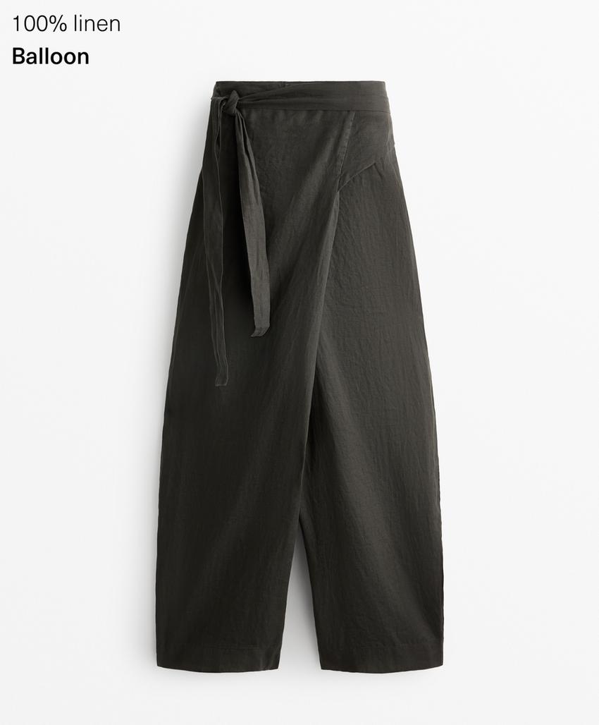 Штаны из 100% льна с перекрестным покроем и объемными брюками