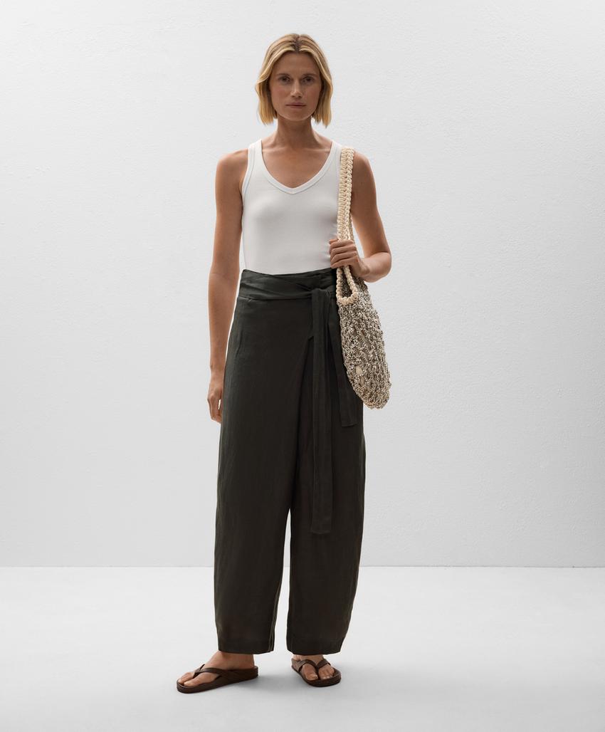 Штаны из 100% льна с перекрестным покроем и объемными брюками