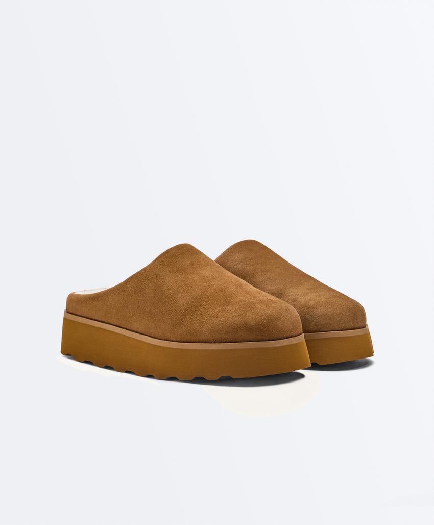 Сабо из искусственного меха и разделанной кожи