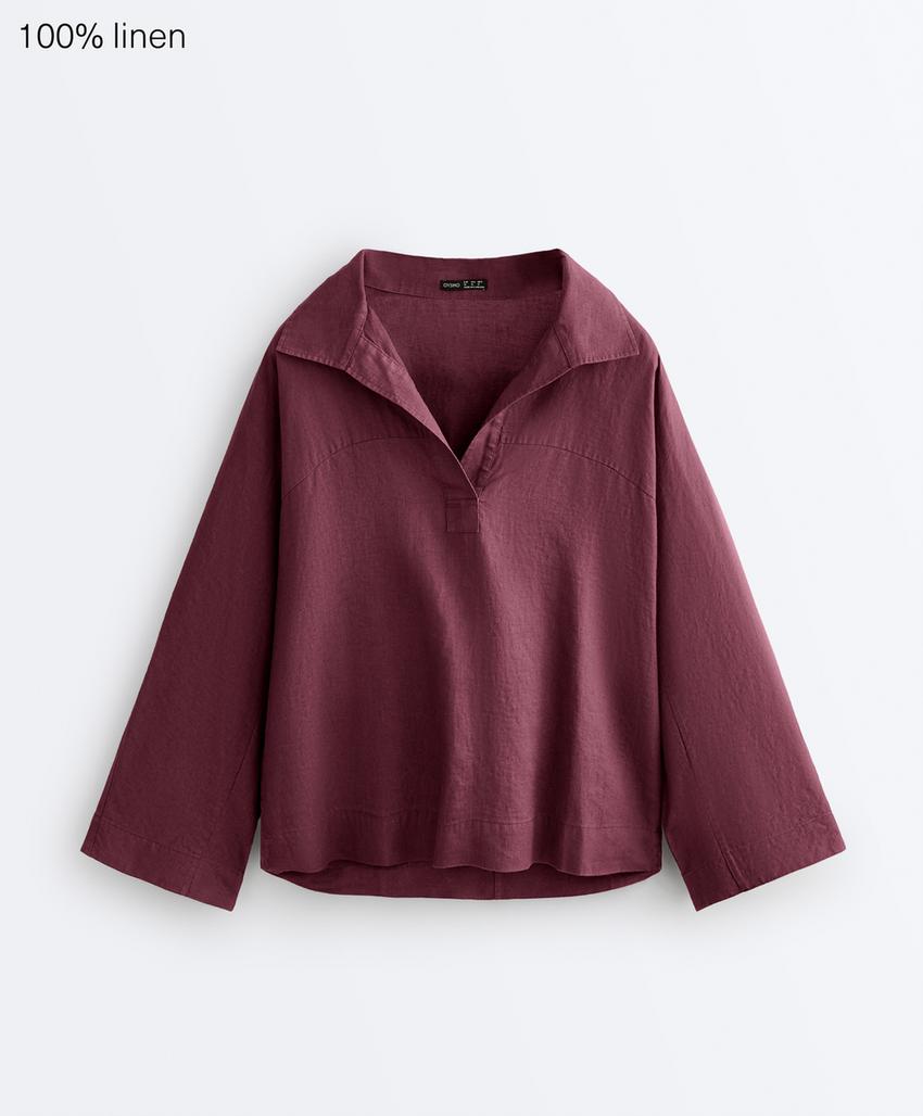 Рубашка-поло оверсайз с длинными рукавами из 100%-го льна