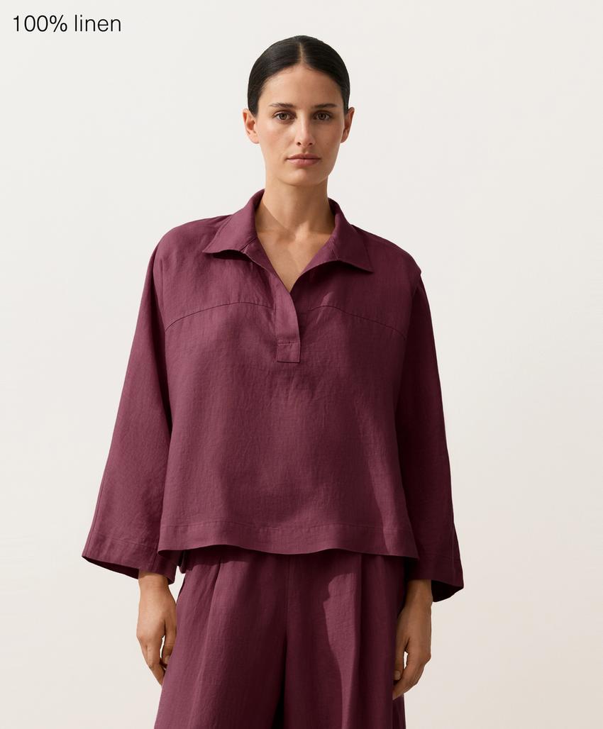 Рубашка-поло оверсайз с длинными рукавами из 100%-го льна