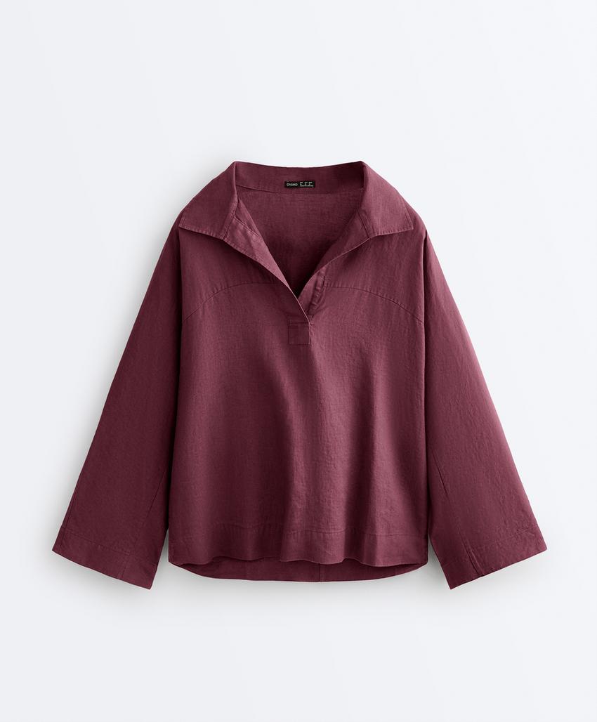 Рубашка-поло оверсайз с длинными рукавами из 100%-го льна