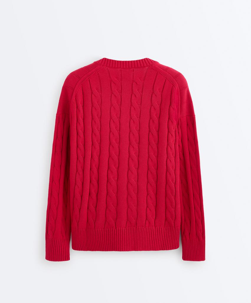 Свитер с V-образным вырезом и узором «косы» из 100% хлопка