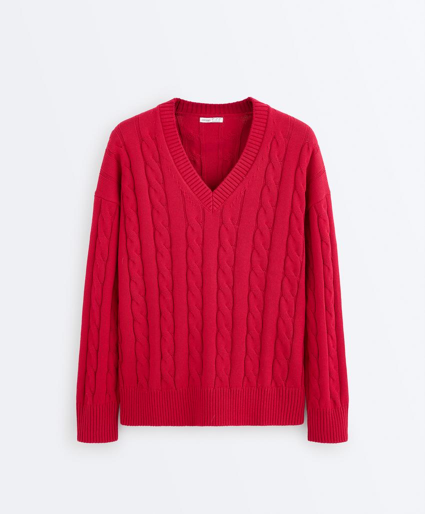 Свитер с V-образным вырезом и узором «косы» из 100% хлопка