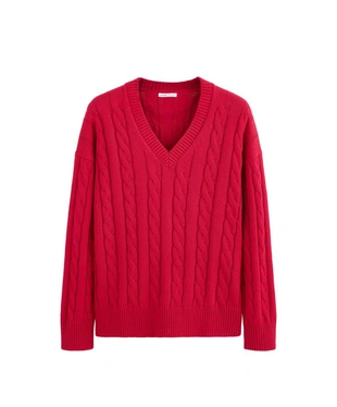 Свитер с V-образным вырезом и узором «косы» из 100% хлопка- Заказать в России