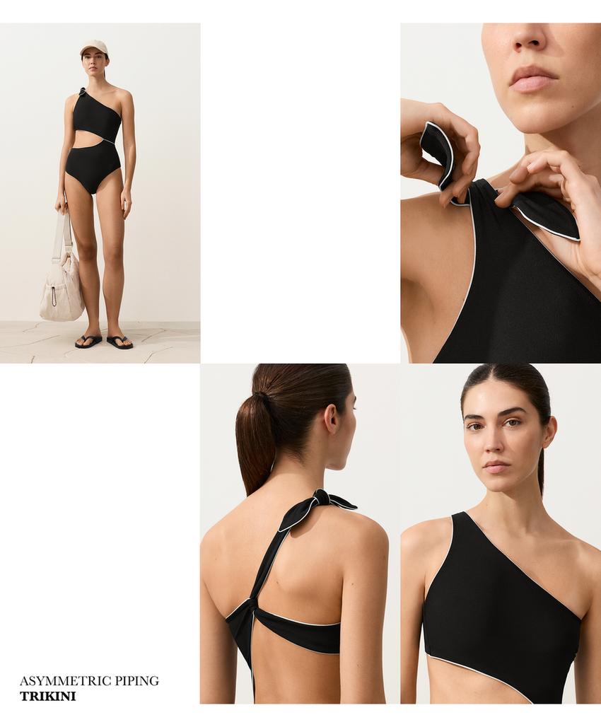 Трикини с асимметричным бантом и обшивкой