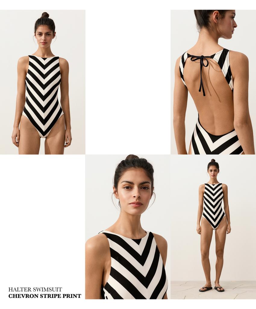 Купальник халтер в диагональную полоску